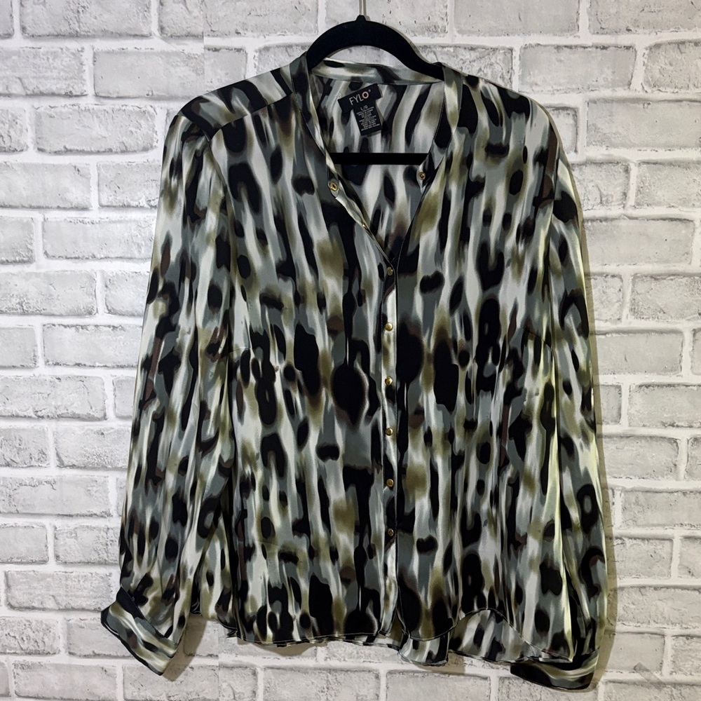 FYLO Black, White brown Patterned long sleeve Blouse size large